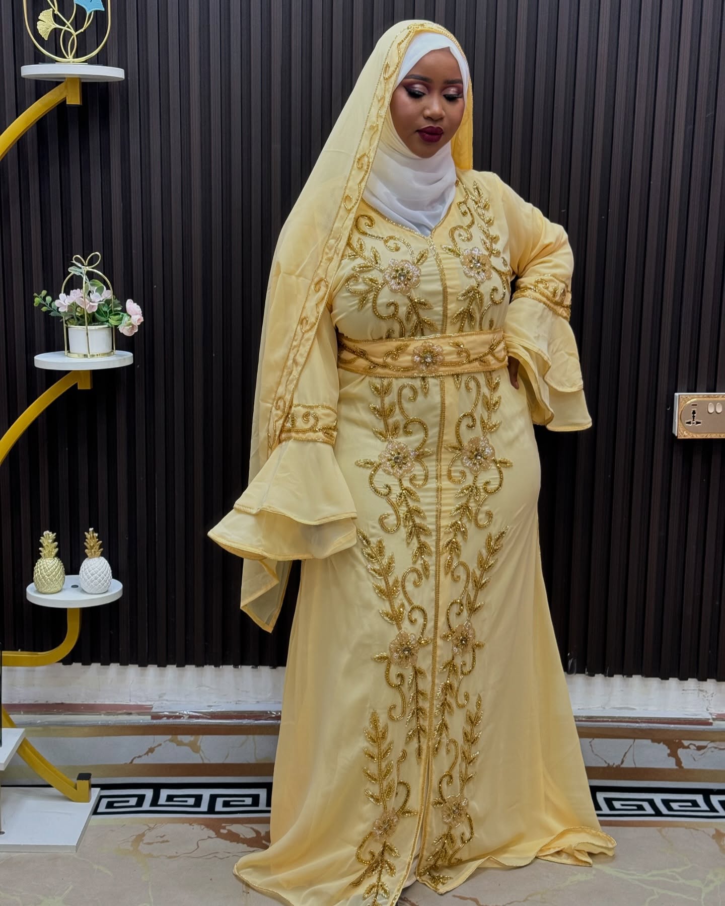 Beige African Kaftan, Morrocan Dress- Abaya with shawl, Party wear clothing