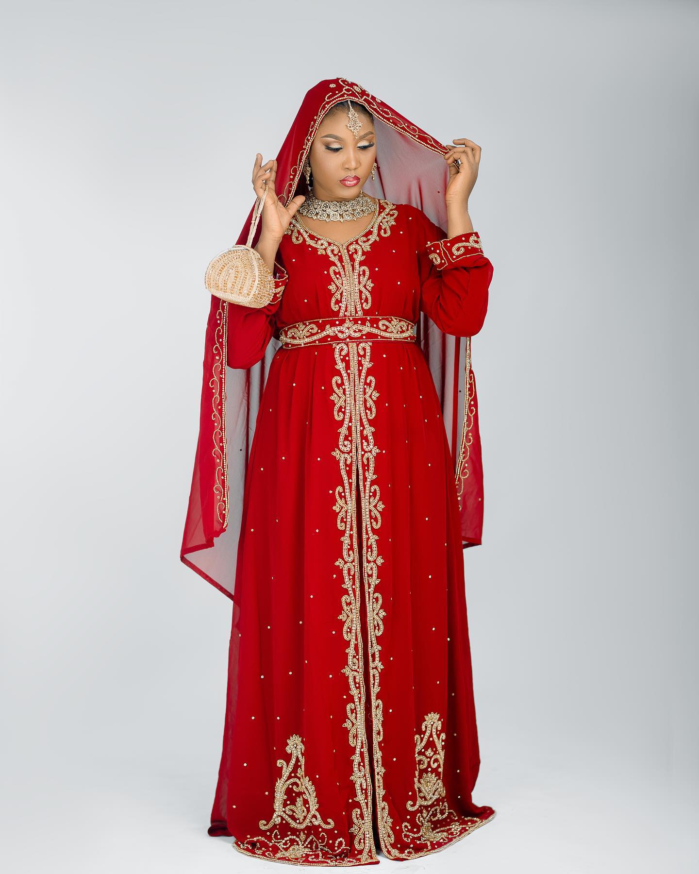 New Red Georgette Kaftan With Head scarf Moroccan Takshita women clothing.