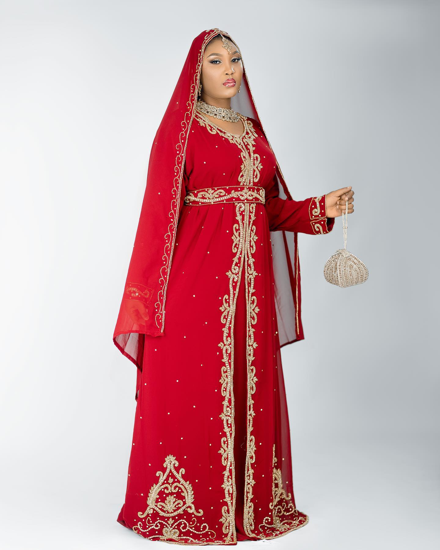 New Red Georgette Kaftan With Head scarf Moroccan Takshita women clothing.