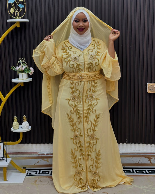 Beige African Kaftan, Morrocan Dress- Abaya with shawl, Party wear clothing