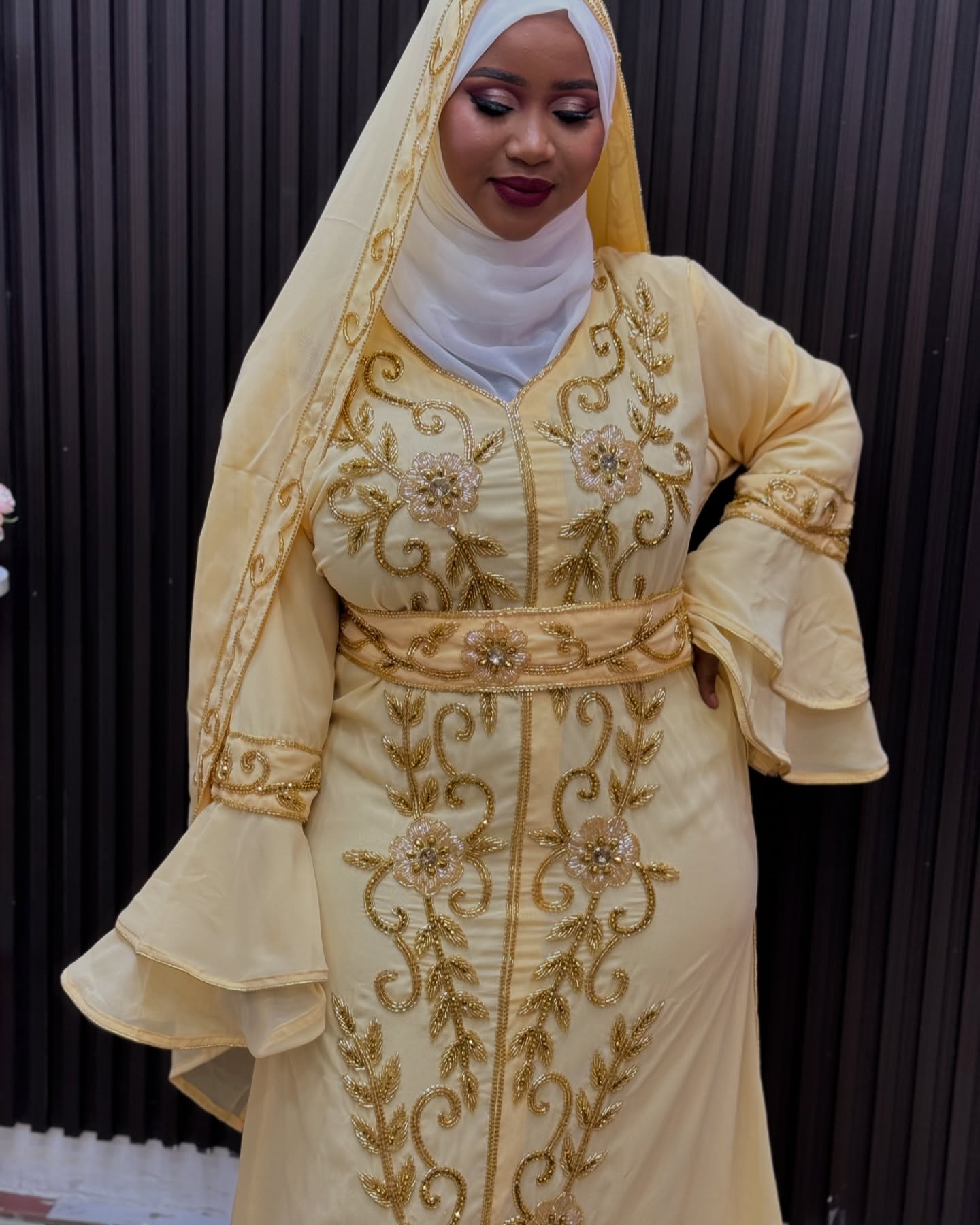 Beige African Kaftan, Morrocan Dress- Abaya with shawl, Party wear clothing
