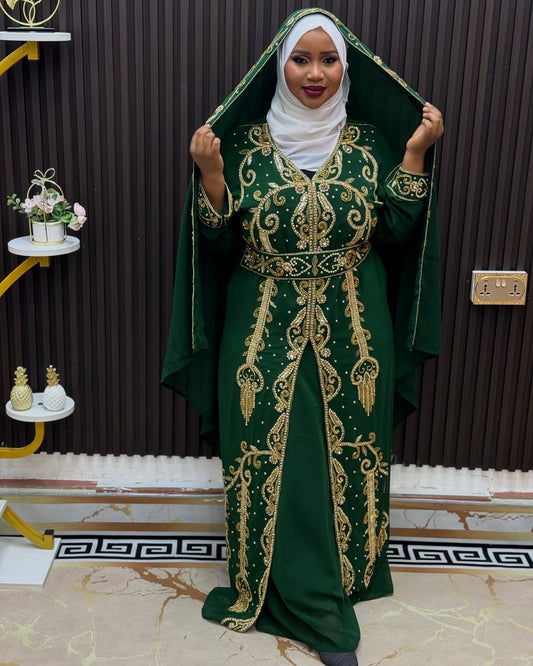 Royal Green Moroccan Kaftan, Arabic Dress for women Wedding
