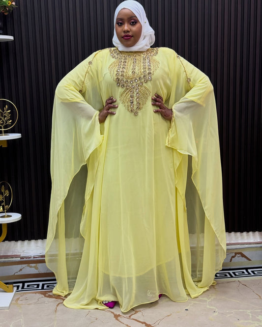 Royal Yellow Abaya, Dubai Moroccan Kaftan dress for women's clothing